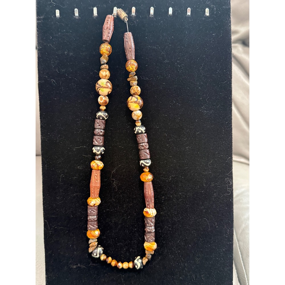 Vintage Bohemian Carved Wood and Glass Beaded Statement Necklace Brown Amber